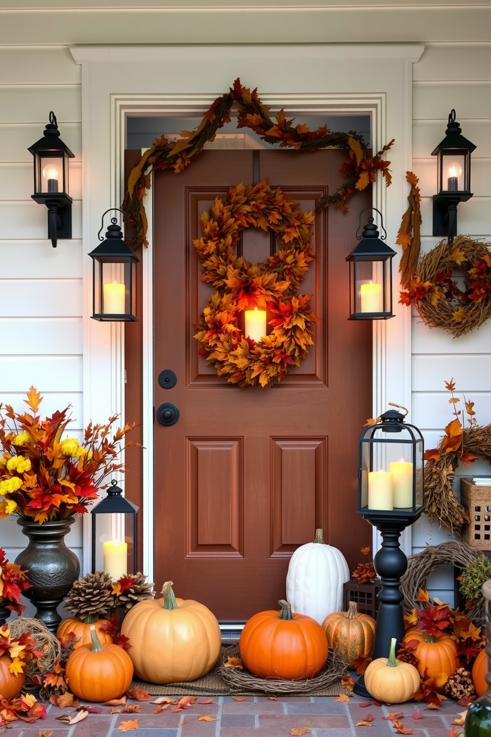 A charming front door adorned with lanterns holding flickering candles creates a warm and inviting atmosphere. Surrounding the door are seasonal decorations featuring autumn leaves, pumpkins, and rustic wreaths that enhance the cozy fall aesthetic.