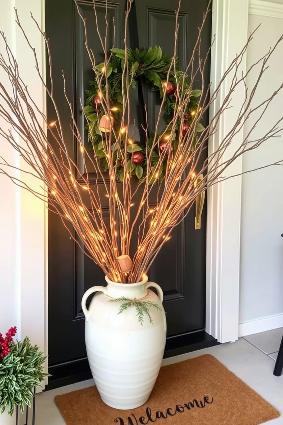 Natural branches with twinkling lights are elegantly arranged in a large ceramic vase placed by the front door. The warm glow of the lights creates a welcoming ambiance, enhancing the natural beauty of the branches. The front door is adorned with a simple yet stylish wreath made of fresh greenery and seasonal accents. A cozy doormat with a charming message welcomes guests as they approach the entrance.