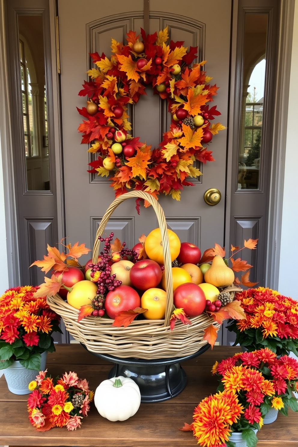 A beautifully arranged basket overflowing with seasonal fruits such as apples, pears, and pumpkins. The basket is placed on a rustic wooden table, surrounded by autumn leaves and small decorative gourds. A charming front door adorned with a festive fall wreath made of colorful leaves and berries. Flanking the door are potted chrysanthemums in vibrant hues, creating a warm and inviting entryway.