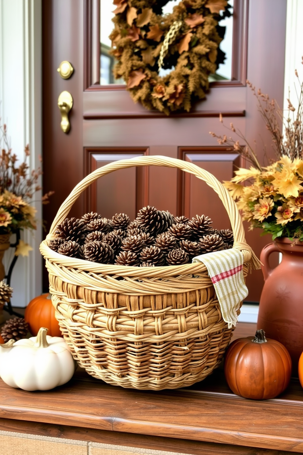 A welcoming front door adorned with a woven basket filled with pinecones creates a cozy autumn atmosphere. The basket is placed on a rustic wooden porch, complemented by seasonal foliage and warm-toned decorations.