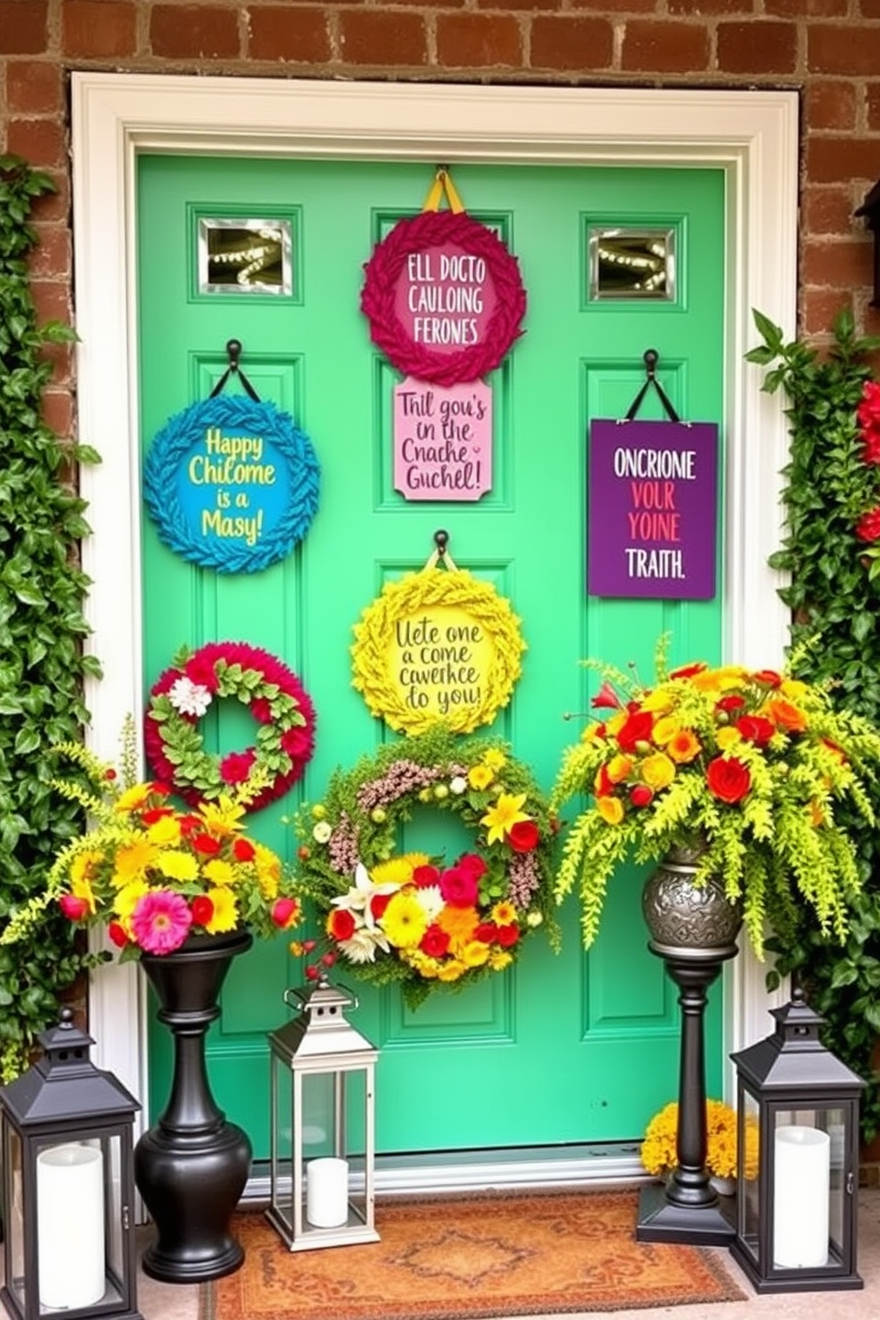 Colorful door hangers adorned with inspirational quotes are displayed on a vibrant front door. The door is painted in a cheerful hue, surrounded by lush greenery and seasonal flowers that enhance the welcoming atmosphere. Decorative elements such as wreaths and lanterns are strategically placed to create an inviting entrance. The combination of textures and colors showcases a playful yet sophisticated approach to front door decorating.