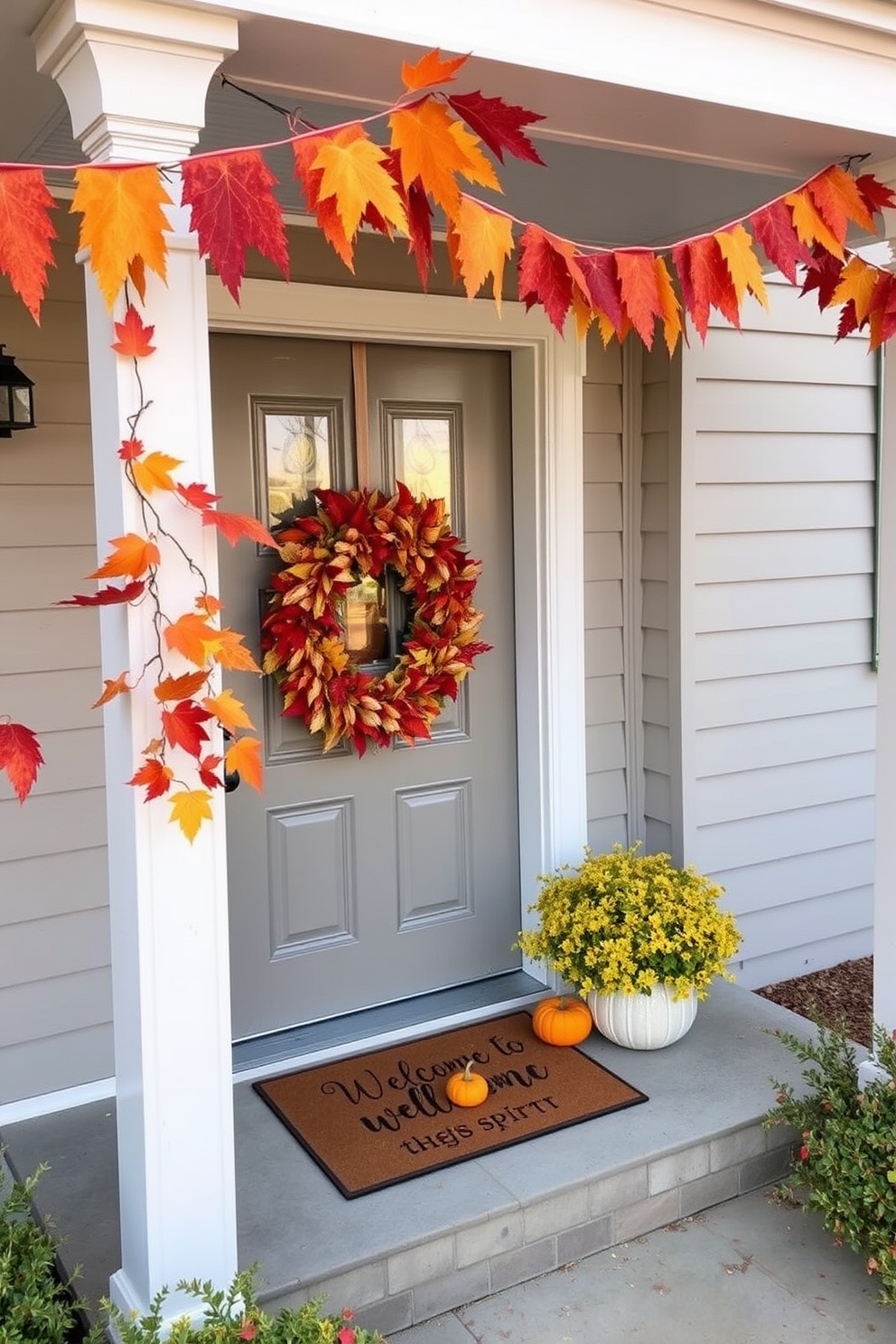 A cozy front porch adorned with fall-themed bunting that gently sways in the breeze. The bunting features warm colors of orange, red, and yellow, creating a festive atmosphere. The front door is decorated with a large wreath made of autumn leaves and small pumpkins. A welcome mat with a seasonal message is placed at the entrance, inviting guests to enjoy the fall spirit.