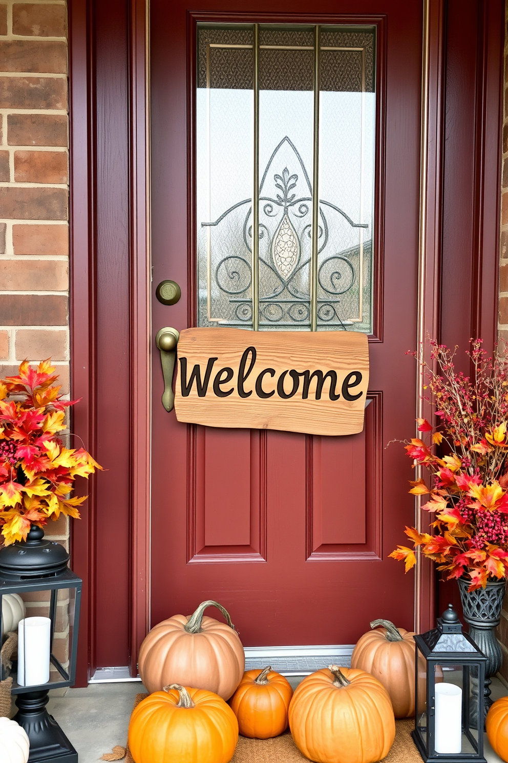 A rustic wooden sign hangs on the front door, featuring a warm welcome message carved into the surface. Surrounding the door are seasonal decorations with autumn leaves, pumpkins, and cozy lanterns to create an inviting fall atmosphere.