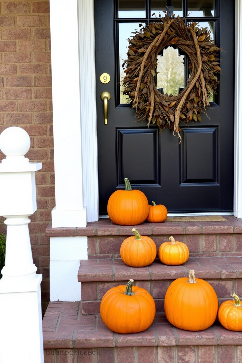 A charming fall front porch adorned with pumpkins of varying sizes arranged artfully on the steps. The front door is decorated with a rustic wreath made of dried leaves and twigs, inviting warmth and seasonal cheer.