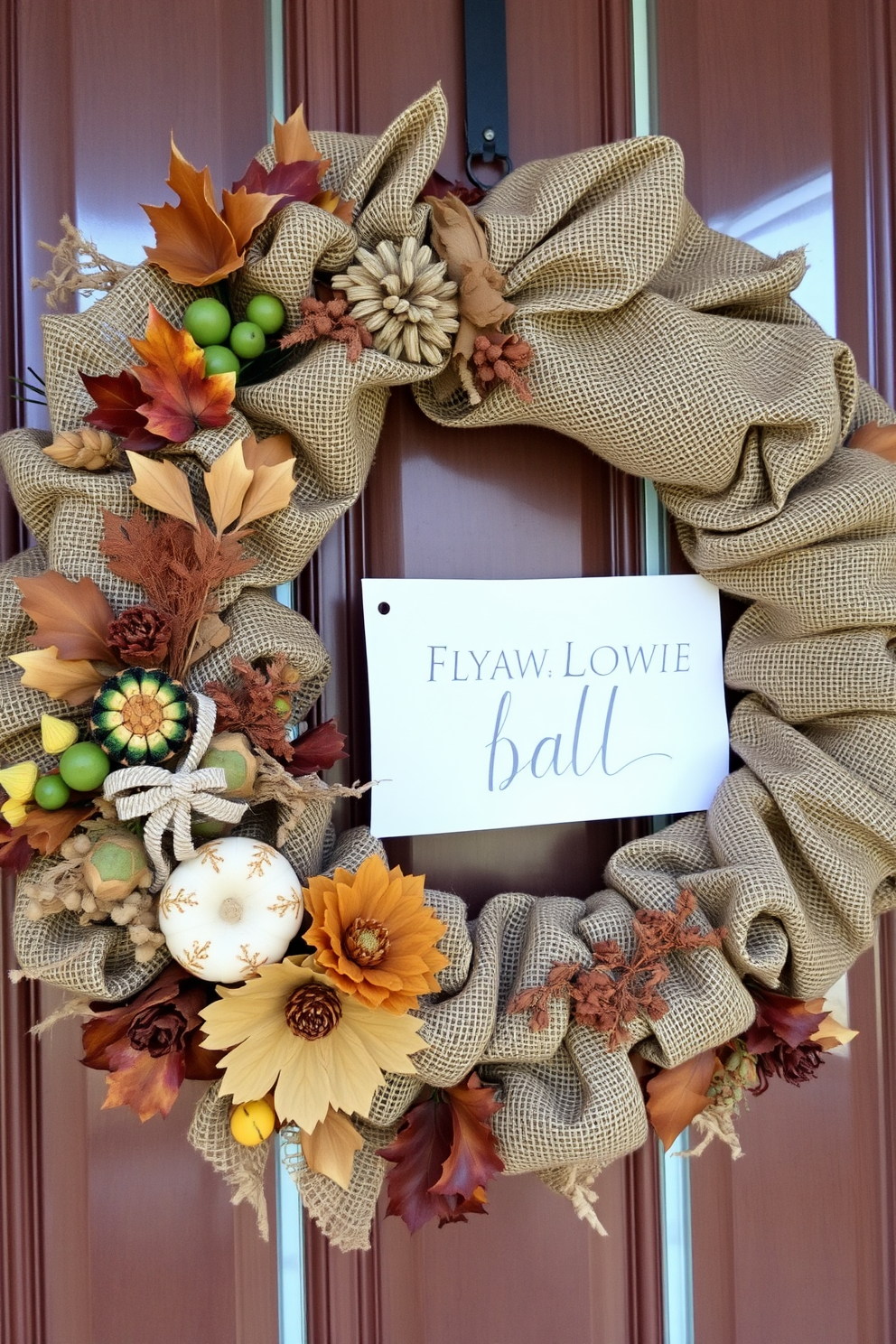 A mixed media wreath is adorned with burlap and twine, showcasing a blend of natural elements and warm autumn colors. This beautiful decoration is perfect for welcoming guests at your front door during the fall season.