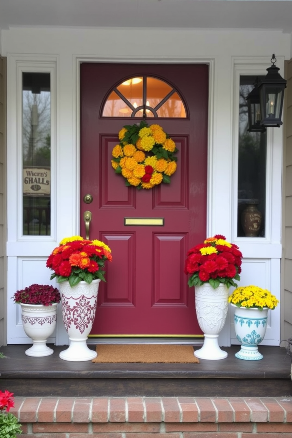 A charming front door adorned with vibrant mums in decorative pots creates an inviting atmosphere. The pots feature intricate designs and a mix of colors, enhancing the seasonal appeal of the entrance.