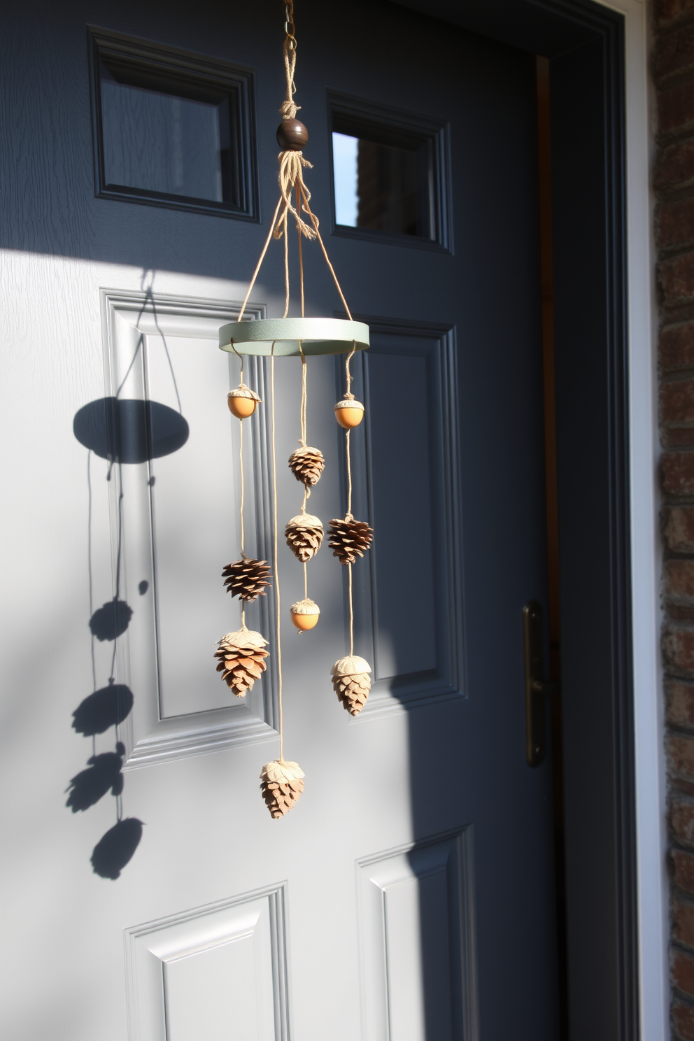 A charming front door adorned with a hanging mobile made of acorns and pinecones. The mobile sways gently in the breeze, adding a touch of nature's beauty to the entrance.