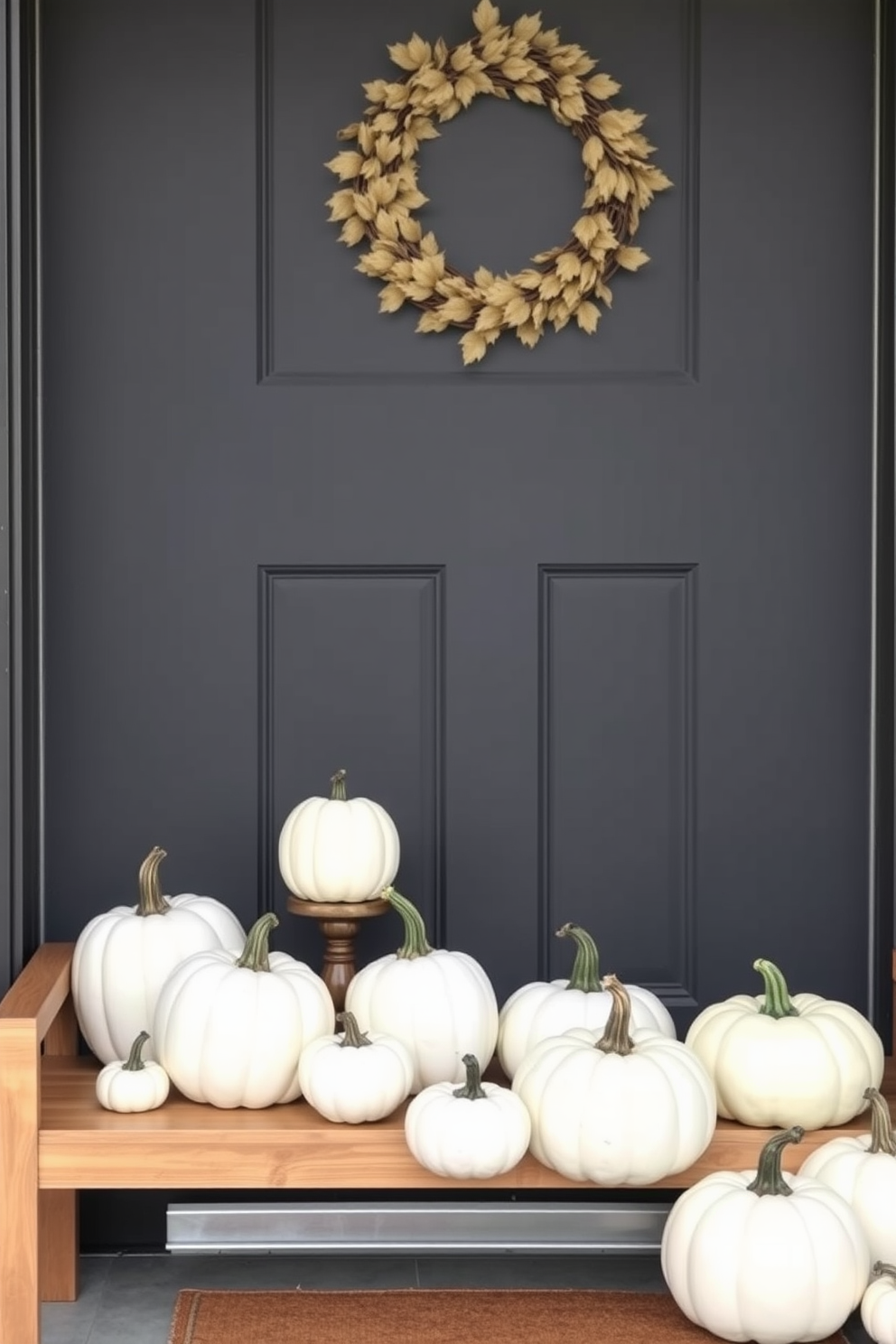 A modern front door adorned with crisp white pumpkins creates a fresh and inviting autumn aesthetic. The pumpkins are arranged in varying heights and sizes on a natural wood bench, complemented by a simple wreath of dried leaves above the door.