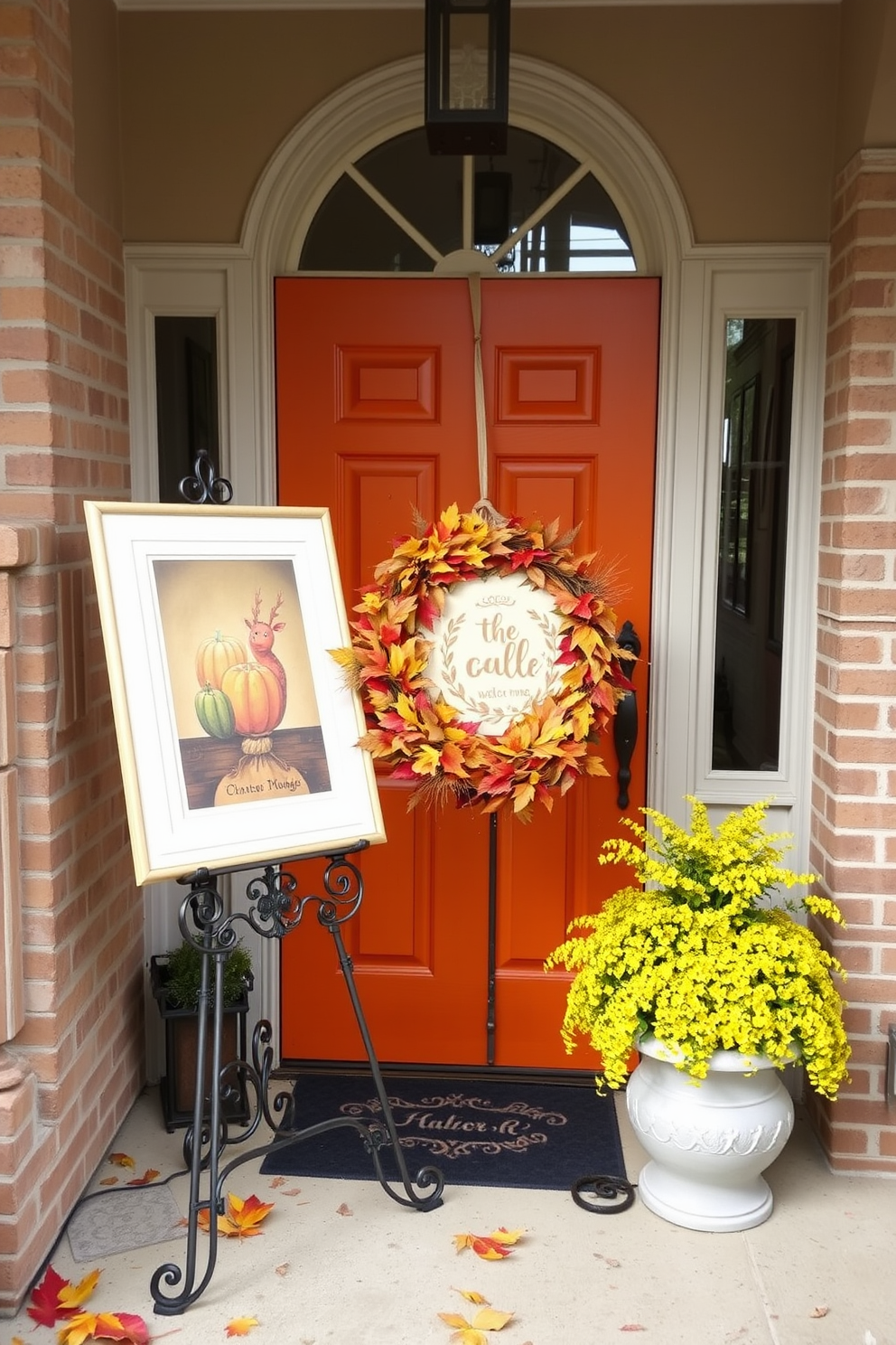 A charming front door adorned with seasonal artwork displayed on an elegant easel. The door is painted a warm pumpkin orange, surrounded by vibrant autumn leaves and a welcoming wreath made of mixed foliage.