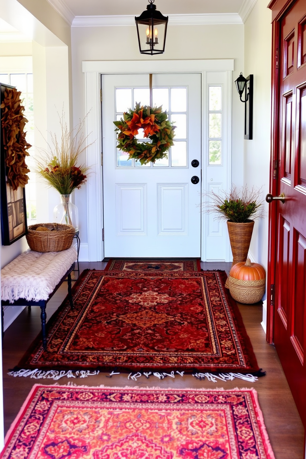 A warm and inviting entryway features layered rugs in rich textures and colors. The space is enhanced by seasonal decor around the front door, highlighting autumn hues and natural elements.