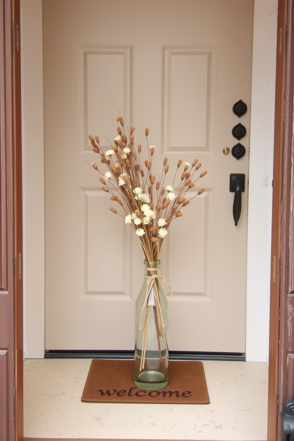 A charming front door adorned with a simple vase filled with dried flowers adds a welcoming touch. The entrance features a neutral-colored door with a rustic wooden frame, complemented by a small welcome mat at the base.