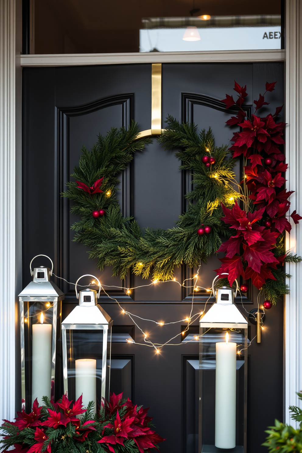 Chic metallic accents enhance the festive atmosphere of the front door. A sleek, polished brass wreath adorns the door, complemented by shimmering silver lanterns on either side. Vibrant seasonal foliage in deep reds and greens fills the space, creating a warm welcome. Twinkling fairy lights are intertwined among the decorations, adding a magical glow to the entrance.