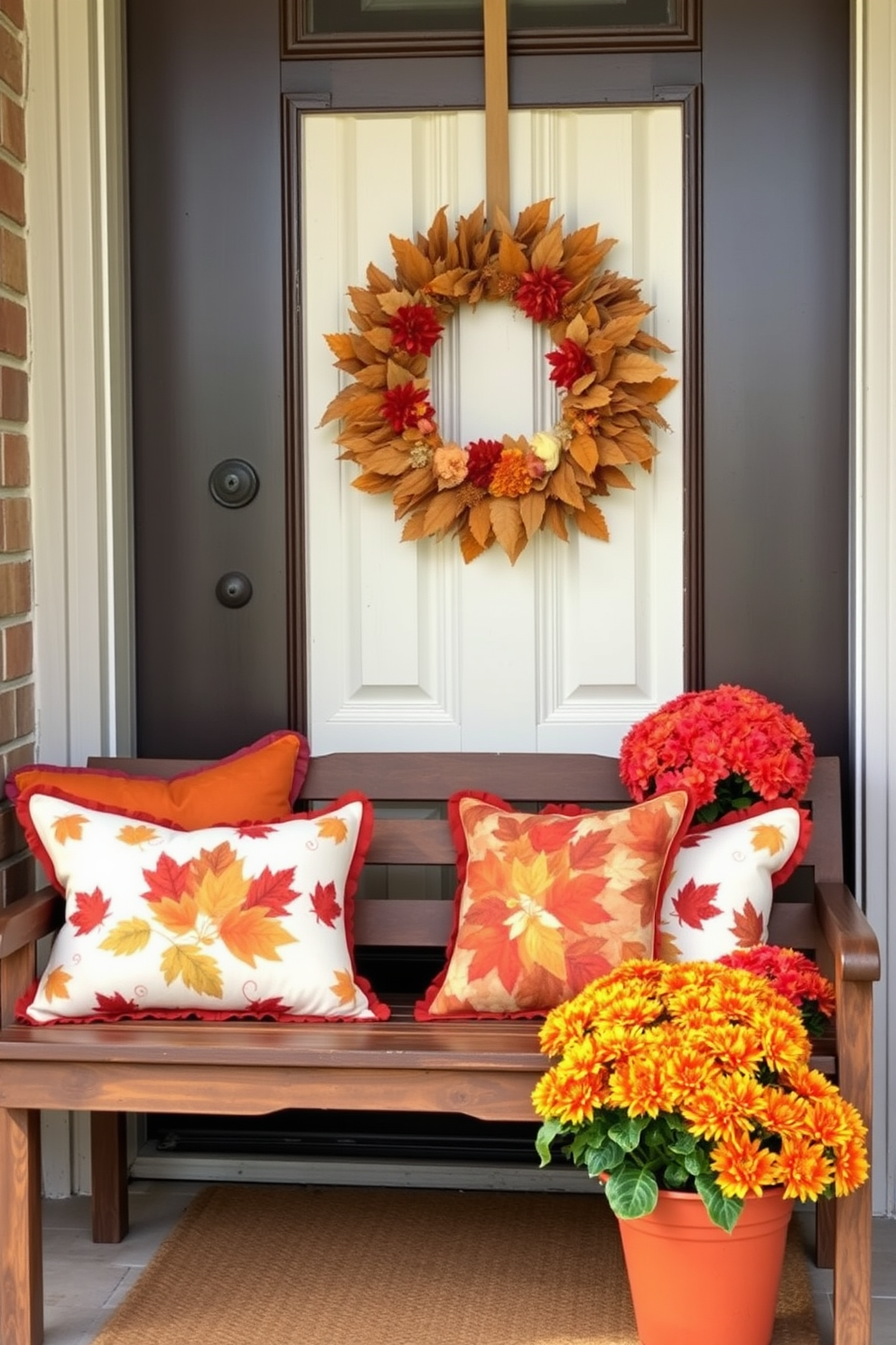 Autumn-themed throw pillows are arranged on a rustic wooden bench. The pillows feature warm hues of orange, red, and yellow, creating a cozy and inviting atmosphere. The front door is adorned with a beautiful wreath made of dried leaves and seasonal flowers. Flanking the door are two potted mums in vibrant colors, enhancing the autumnal charm of the entrance.