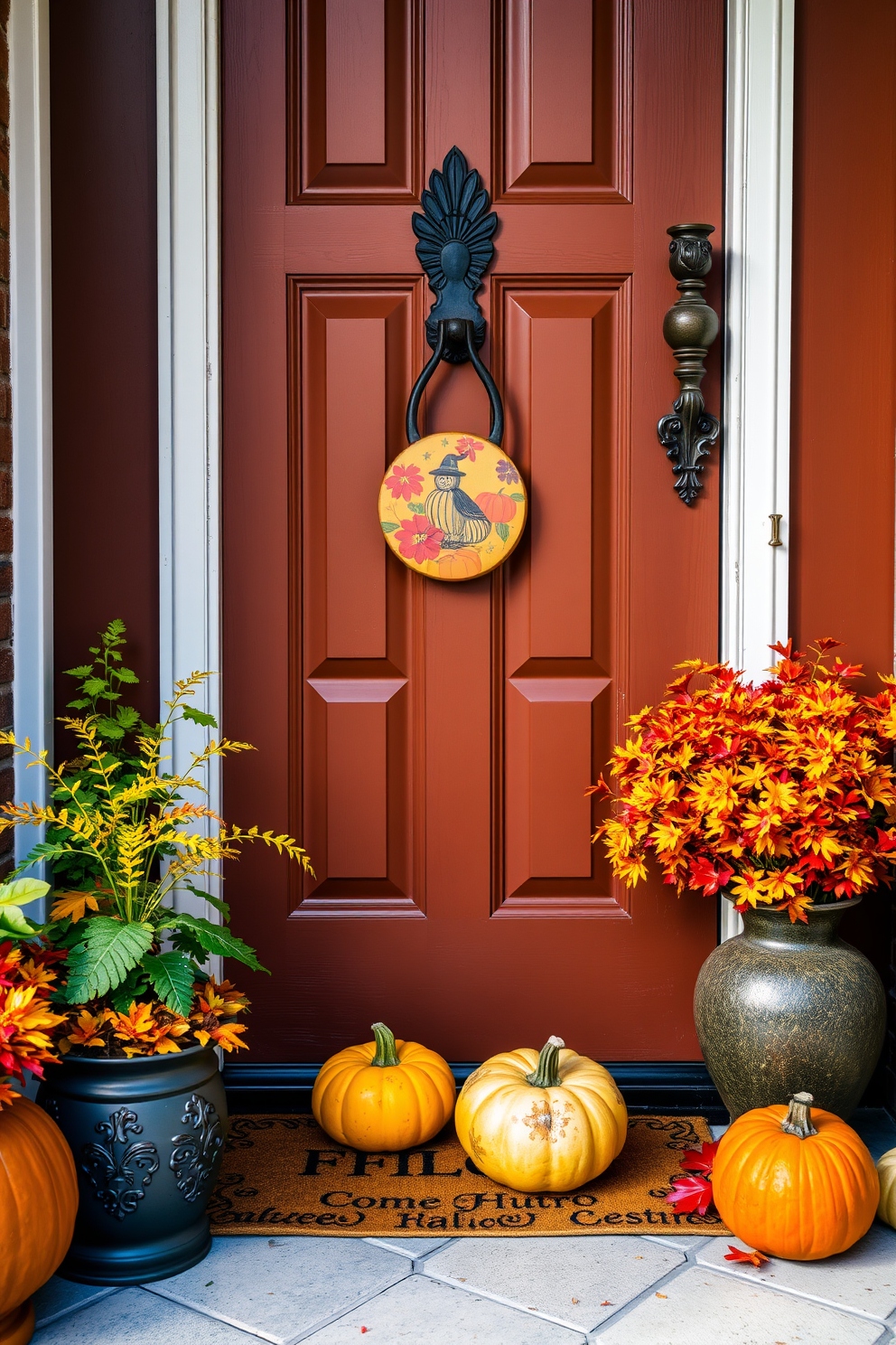 A whimsical door knocker featuring a charming fall motif hangs prominently on a beautifully painted front door. Surrounding the door are vibrant autumn decorations including pumpkins, colorful leaves, and a cozy welcome mat.