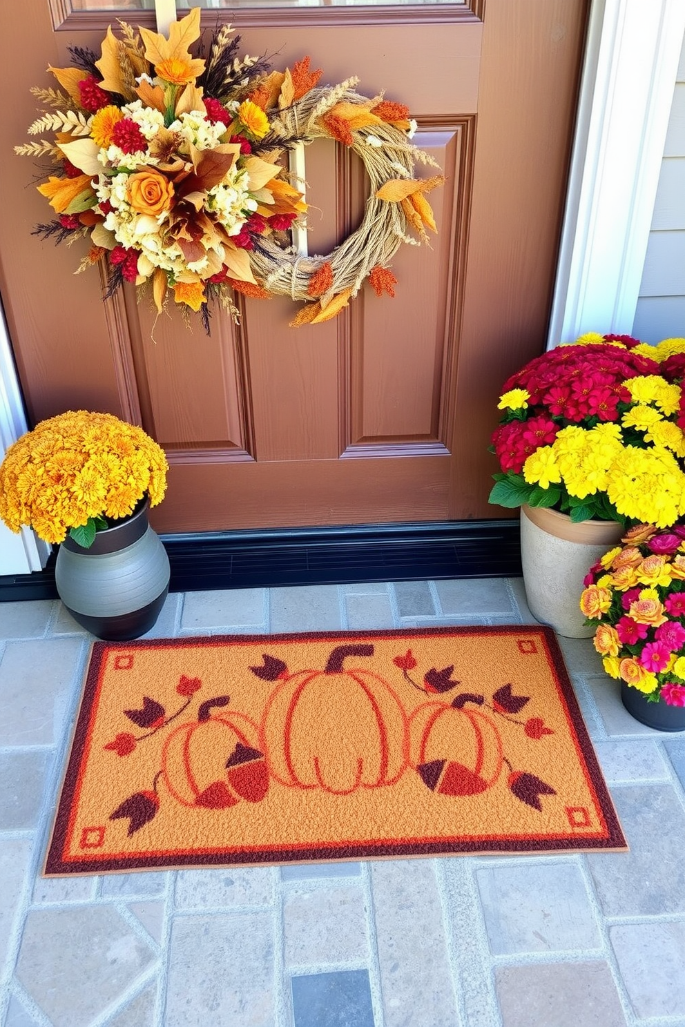 A harvest-themed door mat welcomes guests with warm autumn colors and a rustic design. It features pumpkins, leaves, and acorns, creating a cozy atmosphere for your front entrance. Complement the door mat with seasonal decorations like a wreath made of dried flowers and colorful foliage. Add a few potted mums in vibrant hues to enhance the fall ambiance and invite warmth into your home.