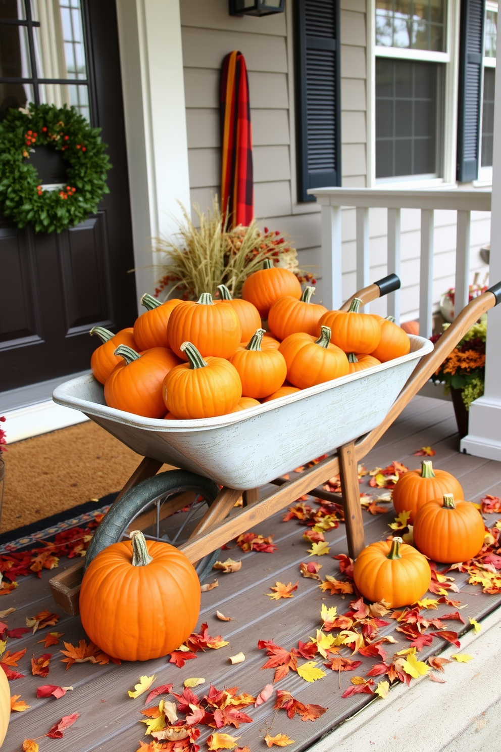 A charming front porch setting adorned with a decorative wheelbarrow overflowing with vibrant orange pumpkins. The wheelbarrow is placed on a rustic wooden deck, surrounded by colorful autumn leaves and seasonal accents.