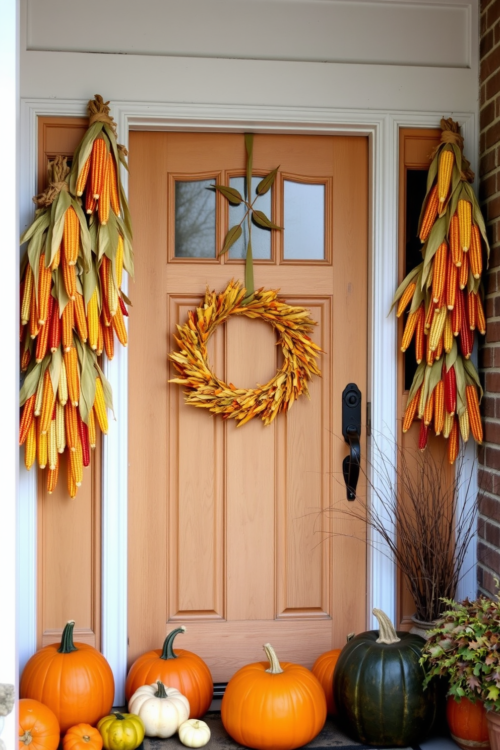 A charming front door adorned with hanging corn husks creates a warm and inviting atmosphere. The vibrant colors of the corn contrast beautifully with the natural wood of the door, enhancing the rustic appeal. Surrounding the door, pumpkins and gourds in various sizes add a festive touch to the entryway. A simple wreath made of dried leaves complements the corn husks, tying the whole look together.