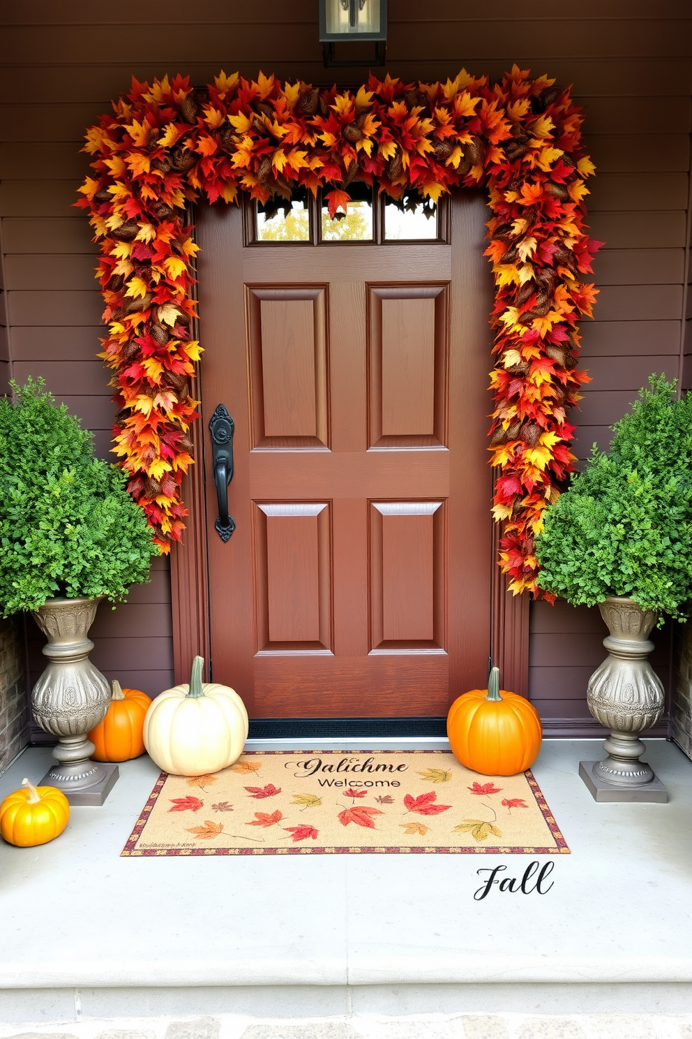 A vibrant garland of colorful fall leaves adorns the front door, creating a warm and inviting entrance. The rich hues of red, orange, and yellow leaves contrast beautifully with the deep brown of the wooden door. Flanking the door are two elegant pumpkin arrangements, one in a classic orange and the other in a soft white. A cozy welcome mat featuring autumn-themed designs completes the charming fall decor.