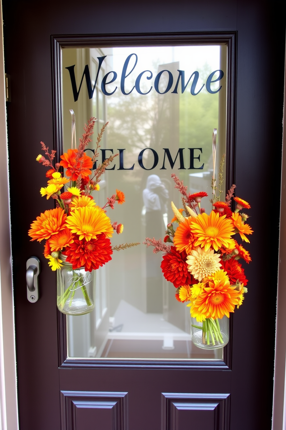 A welcoming front door adorned with mason jars filled with vibrant seasonal flowers. The jars are hung on either side of the door, showcasing a mix of warm autumn hues like orange, red, and yellow.