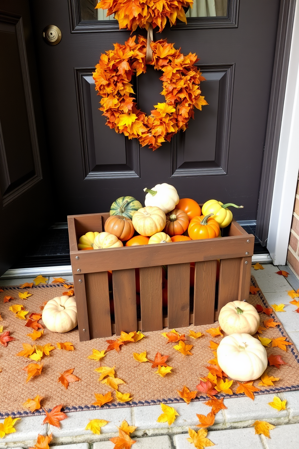 A charming front door adorned with a wooden crate filled with colorful gourds creates a warm autumn welcome. The crate is positioned on a rustic doormat, surrounded by scattered leaves in vibrant shades of orange and yellow.