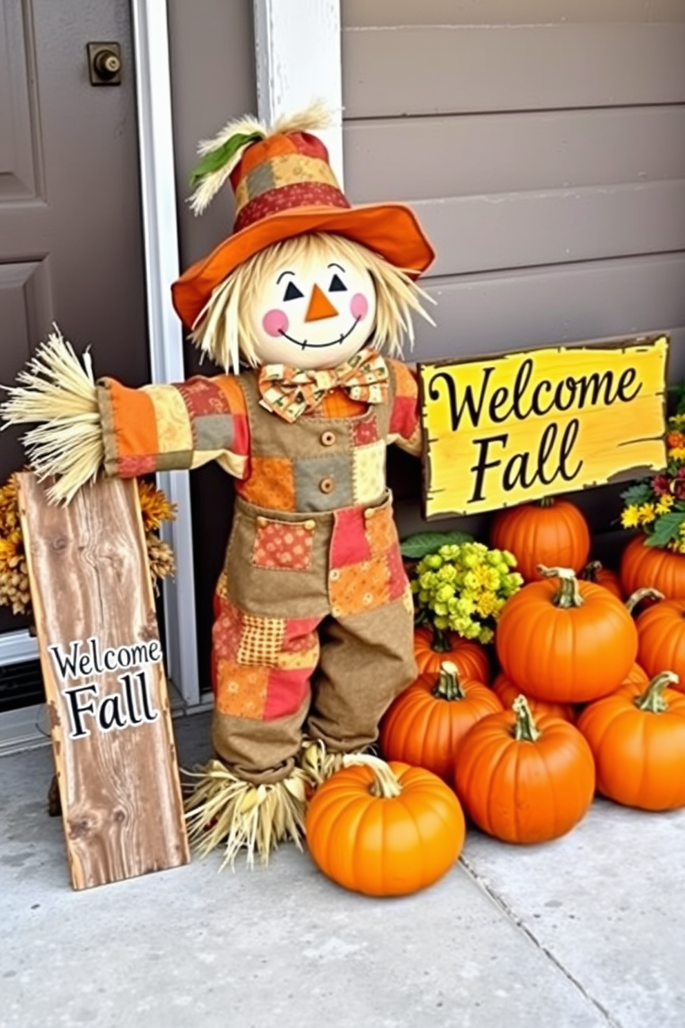 A charming scarecrow stands at the entrance, welcoming guests with a friendly smile. Dressed in colorful patchwork clothing, it adds a whimsical touch to the fall decor. Surrounding the scarecrow are vibrant pumpkins in various sizes, creating a festive atmosphere. A rustic wooden sign nearby reads 