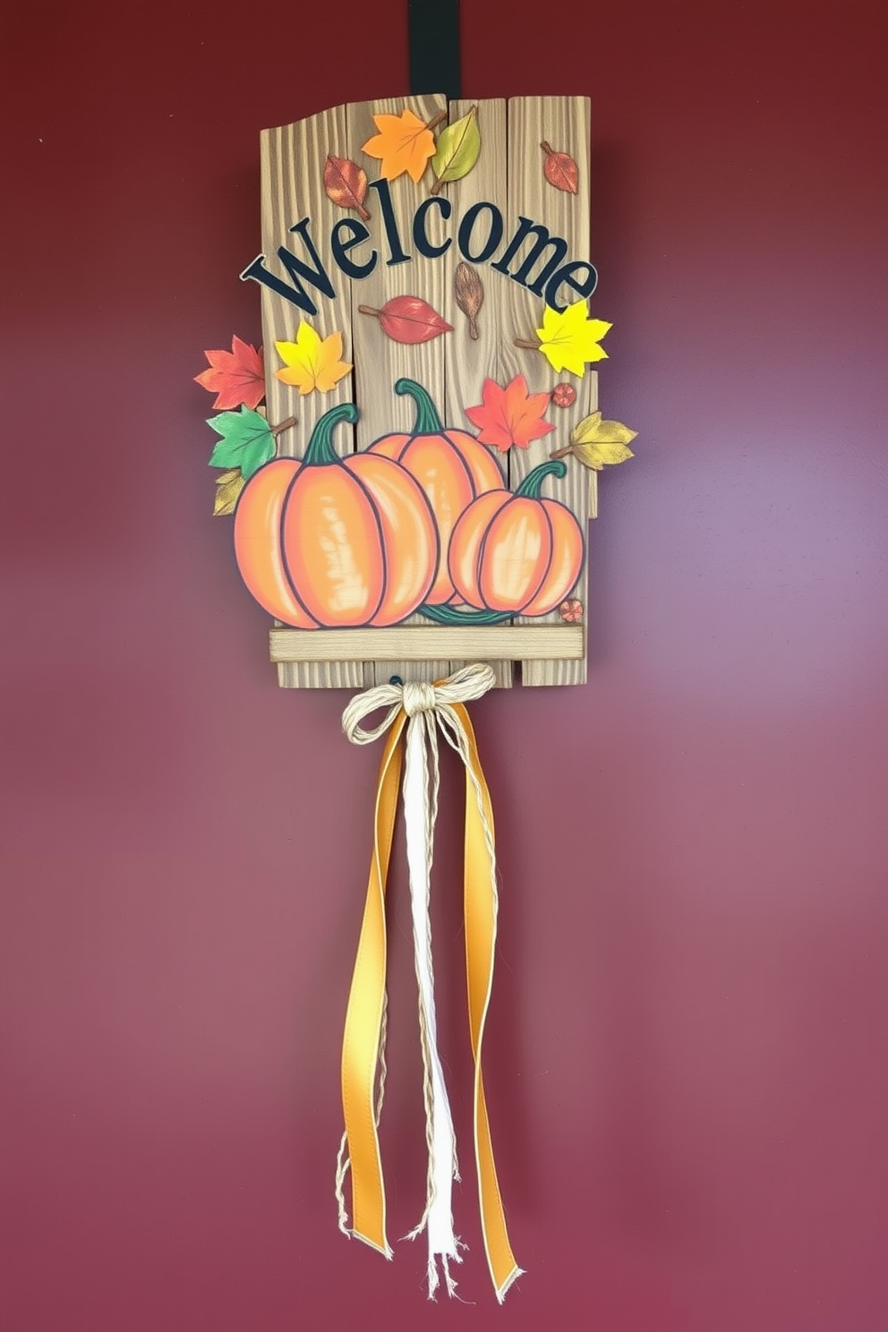 A charming autumn-themed door sign decoration welcomes guests with vibrant colors. The sign features a rustic wooden base adorned with hand-painted pumpkins and colorful leaves. Hanging from the sign are twine ribbons in warm tones. The overall design captures the essence of fall, creating a cozy atmosphere for the front door.