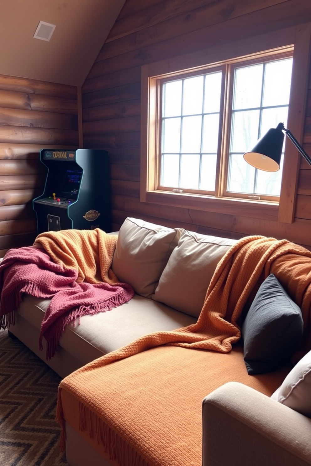 Cozy throw blankets in warm colors are draped over a plush sectional sofa, inviting relaxation and comfort. The walls are adorned with rustic wooden paneling, and a large window allows natural light to flood the space, enhancing the warm ambiance. In the corner, a vintage-style arcade game machine adds a playful touch to the room. Soft, ambient lighting from stylish floor lamps creates a welcoming atmosphere for game nights with friends and family.