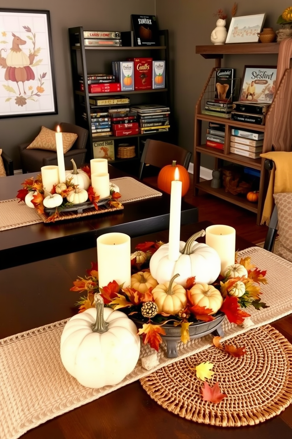 Harvest themed centerpieces on tables featuring an array of pumpkins in various sizes and colors surrounded by autumn leaves. Candles in rustic holders add a warm glow, while woven placemats provide texture and depth to the setting. Fall game room decorating ideas that incorporate cozy elements such as a plush area rug and warm-toned throw blankets. Wall art showcasing seasonal themes enhances the atmosphere, while a selection of board games displayed on a rustic shelf invites friendly competition.