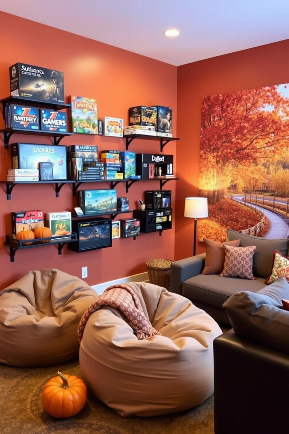 Create an inviting game room featuring wall-mounted storage solutions that showcase a variety of board games and gaming accessories. The walls are painted in a warm autumn hue, and the decor includes seasonal elements like pumpkins and cozy throw blankets. Incorporate comfortable seating options such as plush bean bags and a stylish sectional couch. Enhance the atmosphere with soft ambient lighting and a large wall mural depicting a vibrant fall landscape.