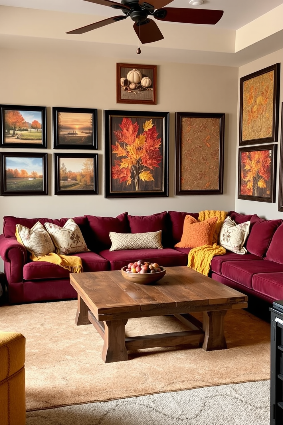 A cozy game room adorned with fall-inspired artwork and prints. The walls are decorated with framed autumn landscapes and vibrant leaf motifs, creating a warm and inviting atmosphere. A plush sectional sofa in rich burgundy complements the earthy tones of the artwork. A rustic coffee table made of reclaimed wood sits at the center, surrounded by soft, textured throw blankets in shades of orange and yellow.