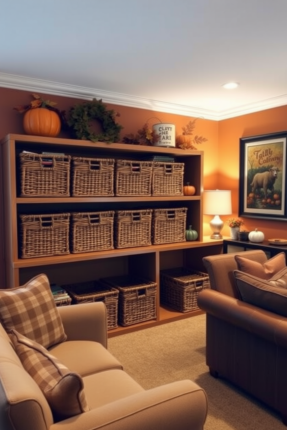 A cozy game room featuring woven baskets for game storage. The baskets are neatly arranged on a wooden shelf, adding a touch of rustic charm to the space. The walls are painted in warm autumn hues, complemented by comfortable seating and soft lighting. Decorative elements like pumpkin accents and seasonal artwork enhance the fall theme.