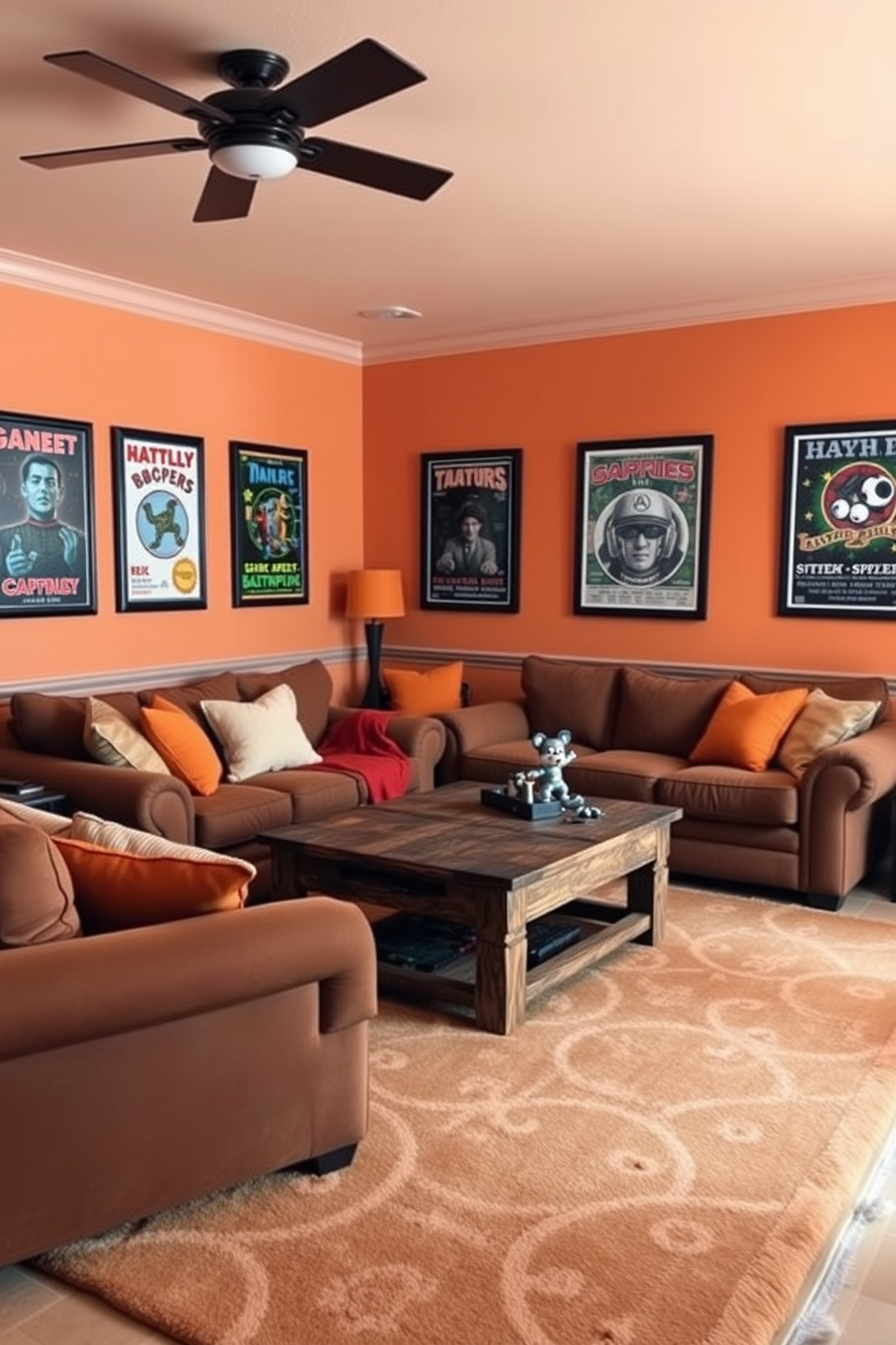 A cozy game room adorned in a muted orange and brown color scheme invites relaxation and fun. Plush seating in warm browns complements a rustic wooden coffee table, while soft orange accents add a playful touch. The walls are decorated with framed vintage game posters, creating a nostalgic atmosphere. A large area rug in earthy tones anchors the space, providing comfort underfoot for hours of gaming enjoyment.