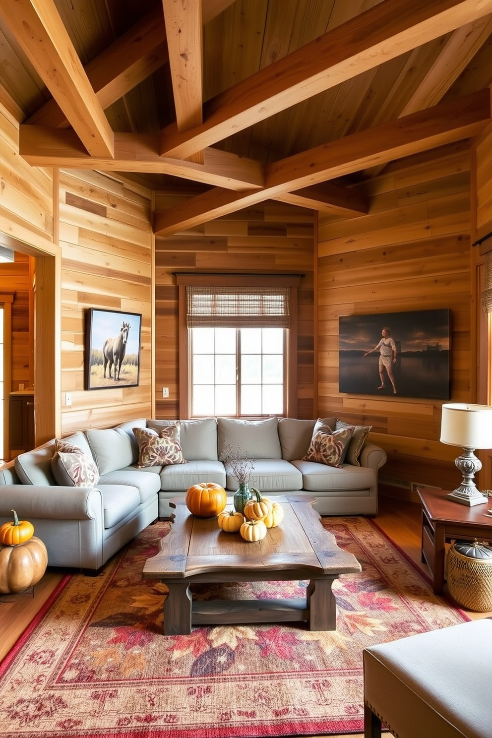 A cozy game room featuring natural wood accents throughout the space. The walls are adorned with wooden paneling, and the ceiling beams are exposed, creating a warm and inviting atmosphere. In one corner, a plush sectional sofa is arranged around a rustic wooden coffee table. A large area rug with autumn colors ties the seating area together, while decorative pumpkins and fall-themed artwork enhance the seasonal decor.