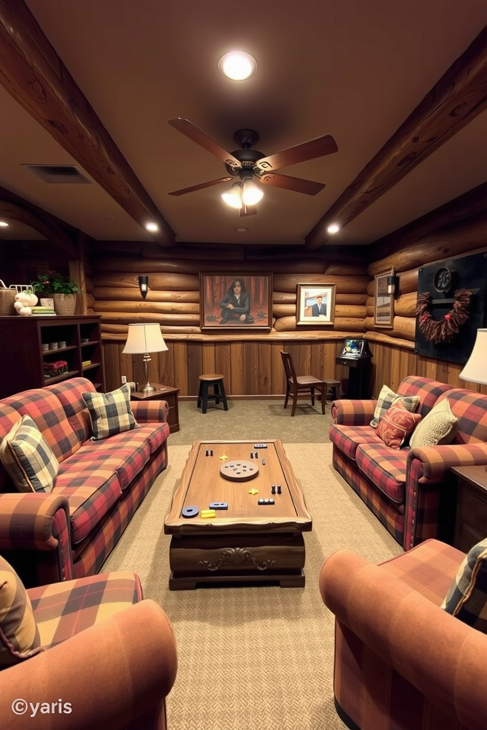 A cozy game room featuring comfortable seating upholstered in soft flannel fabric. The space is adorned with warm autumn colors, complemented by rustic wooden accents and a large coffee table for games and snacks.