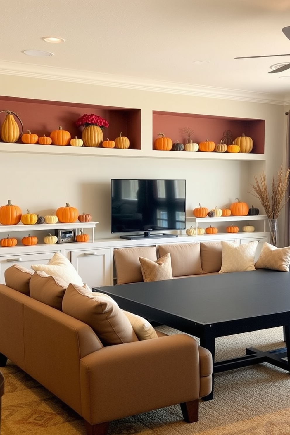 A cozy game room adorned with decorative pumpkins placed on shelves. The warm autumn colors create an inviting atmosphere, complemented by plush seating and soft lighting.