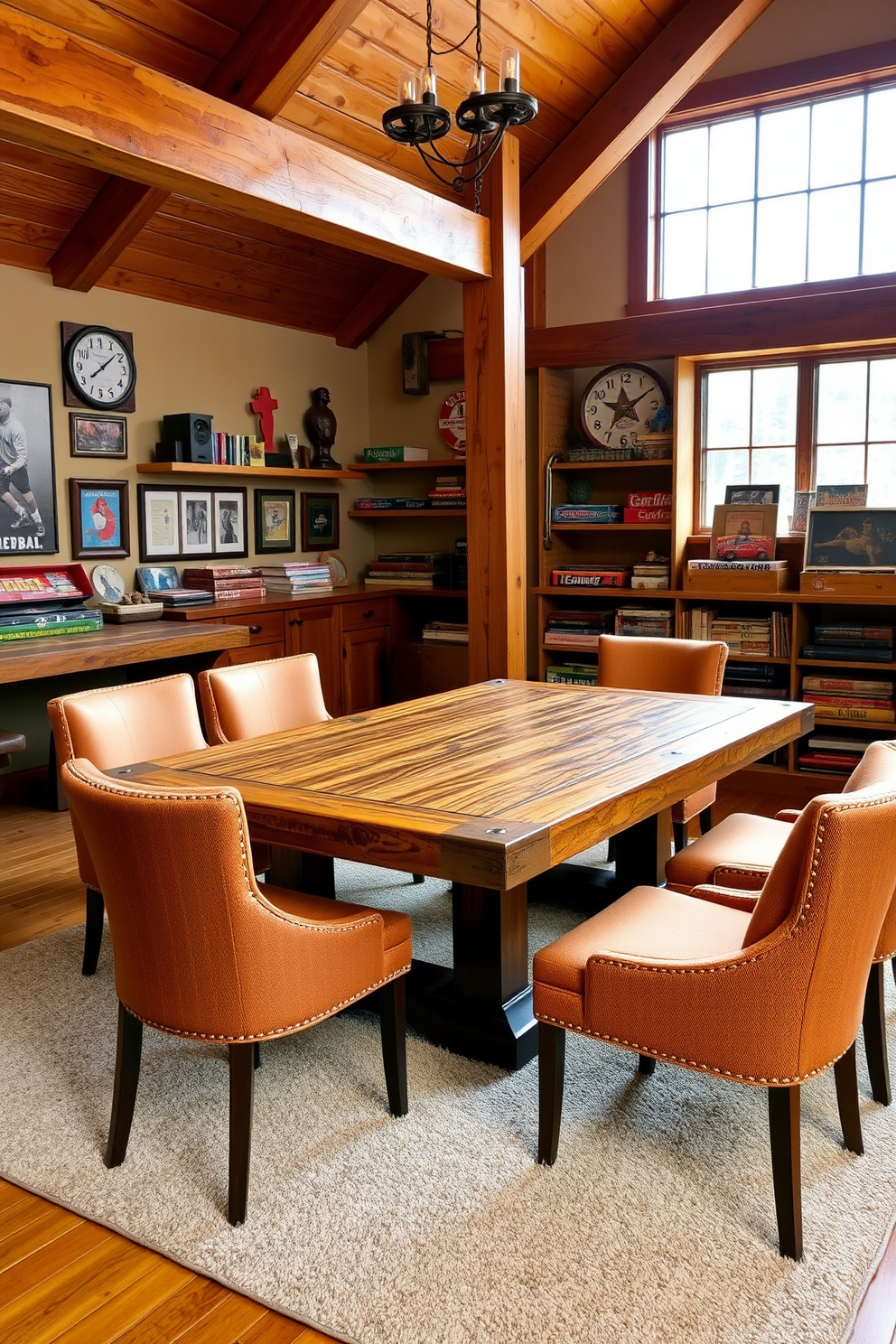 A game table with a rustic finish sits at the center of a cozy game room. Surrounding the table are comfortable chairs upholstered in warm, earthy tones, creating an inviting atmosphere for friends and family. The walls are adorned with vintage sports memorabilia and wooden shelves filled with board games. A large window allows natural light to flood the room, highlighting the rich textures of the wooden beams and the soft area rug beneath the table.