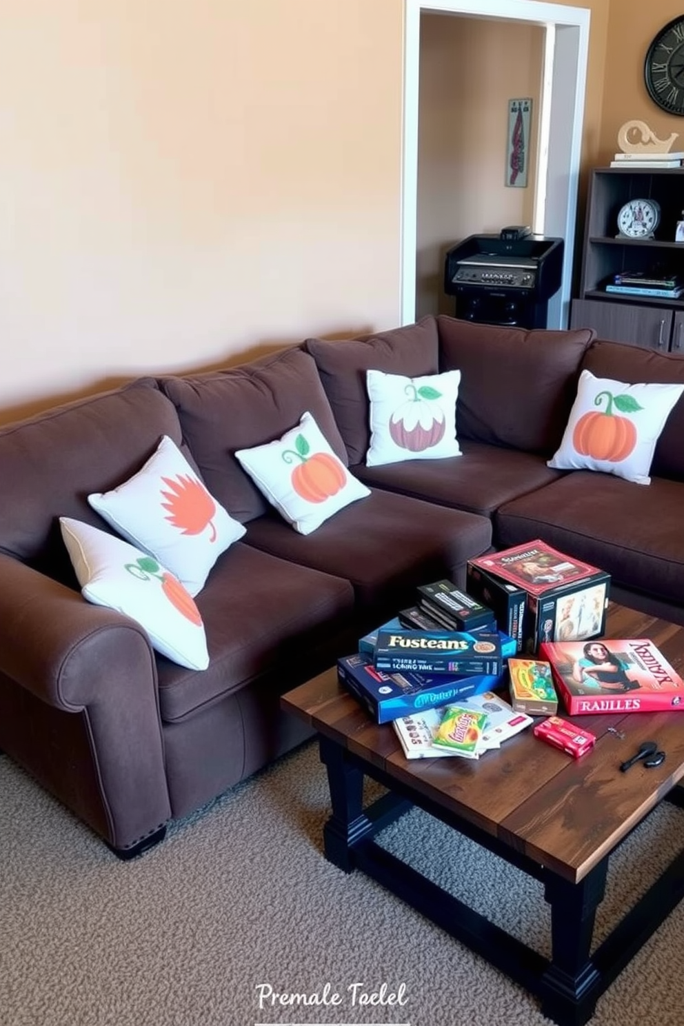 Seasonal throw pillows with autumn motifs are scattered across a plush sectional sofa in a cozy game room. The walls are adorned with warm, earthy tones, and a rustic wooden coffee table holds a selection of board games and snacks.