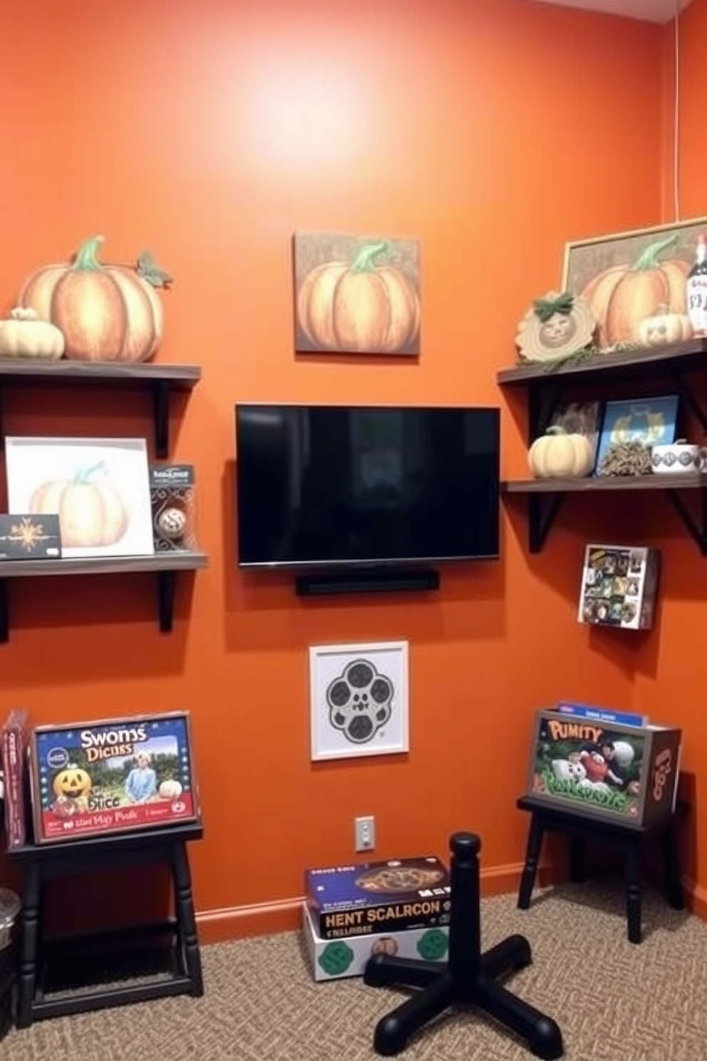 A cozy game room adorned with pumpkin-themed wall art creates a warm and inviting atmosphere. The walls are painted in a rich orange hue, complemented by rustic wooden shelves displaying seasonal decorations and games.