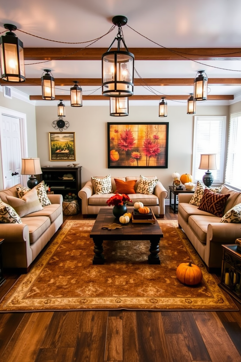 A cozy game room adorned with hanging lanterns that cast a warm glow throughout the space. Plush seating arrangements surround a rustic wooden coffee table, creating an inviting atmosphere for gatherings. The walls are decorated with autumn-themed artwork, featuring warm colors that evoke the essence of fall. A large area rug in earthy tones anchors the seating area, while pumpkins and seasonal decor add a festive touch.