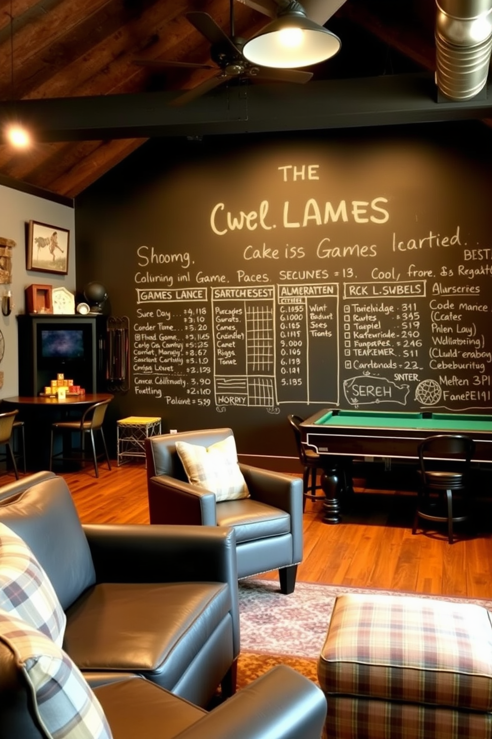 A cozy game room features a large chalkboard wall dedicated to keeping track of game scores. The room is adorned with comfortable seating, warm lighting, and rustic decor elements that create an inviting atmosphere.