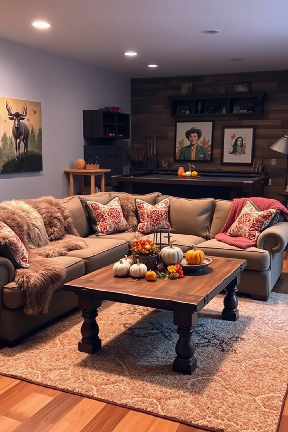 A cozy game room filled with inviting textures. Plush faux fur throws drape over a comfortable sectional sofa, enhancing the warmth of the space. Soft ambient lighting creates a welcoming atmosphere. A rustic wooden coffee table sits at the center, surrounded by vibrant autumn-themed decor and seasonal accents.