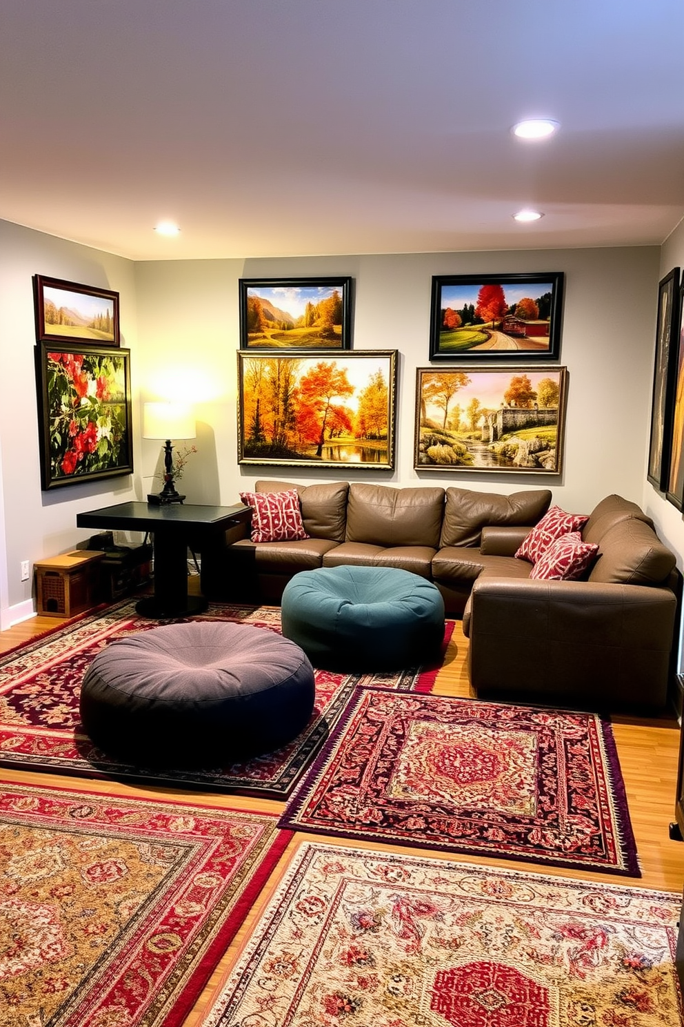 A cozy game room filled with layered area rugs that add depth and texture to the space. The rugs feature a mix of warm colors and patterns, creating an inviting atmosphere perfect for relaxation and entertainment. The walls are adorned with framed artwork depicting autumn landscapes, enhancing the fall theme. Comfortable seating options, such as plush sofas and oversized bean bags, invite guests to unwind while enjoying games and camaraderie.