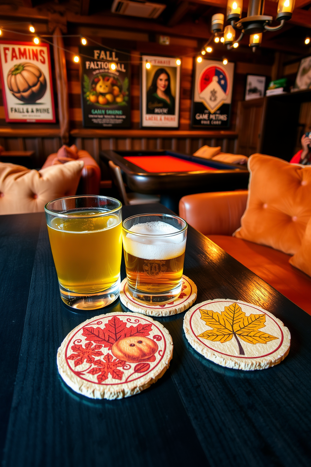 Fall themed coasters for drinks are designed with warm autumn colors and intricate leaf patterns. Each coaster features a different design including pumpkins acorns and maple leaves to create a cozy seasonal atmosphere. The game room is decorated with rustic wooden furniture and plush seating in rich earthy tones. Wall art includes vintage game posters and string lights add a warm glow to enhance the inviting ambiance.