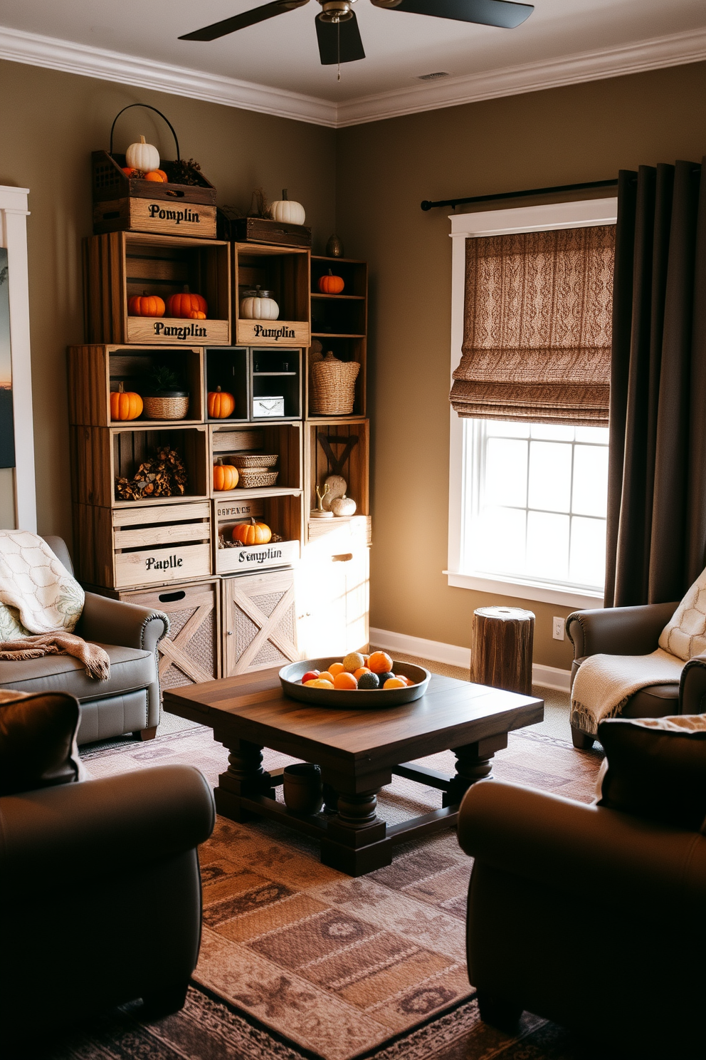 A cozy fall game room featuring wooden crates used for both display and storage. The crates are stacked creatively in one corner, showcasing seasonal decorations like pumpkins and autumn leaves. The room is adorned with warm, earthy tones, complemented by plush seating and soft throw blankets. A rustic coffee table made from reclaimed wood sits at the center, inviting friends and family to gather for games and conversation.