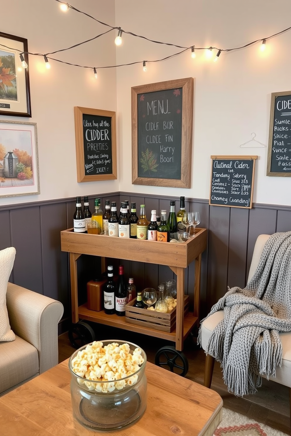 A cozy cider bar setup for game nights featuring a rustic wooden bar cart adorned with an assortment of cider bottles and glassware. Soft string lights hang above, creating a warm ambiance while plush seating invites friends to gather around for a fun evening. The walls are decorated with autumn-themed artwork and a chalkboard menu displaying seasonal cider selections. A chunky knit throw is draped over a nearby chair, and a small table holds a bowl of caramel popcorn for snacking during the games.