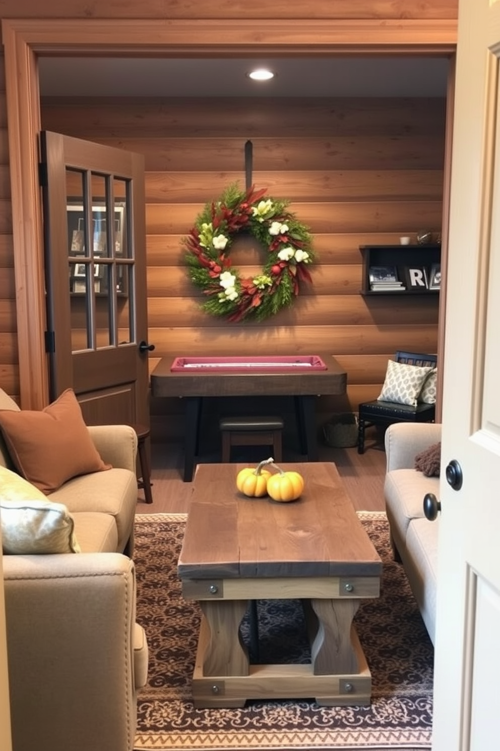 A cozy game room adorned with a seasonal wreath on the door welcomes guests with autumnal charm. Inside, plush seating surrounds a rustic wooden coffee table, while warm lighting creates an inviting atmosphere for game nights.