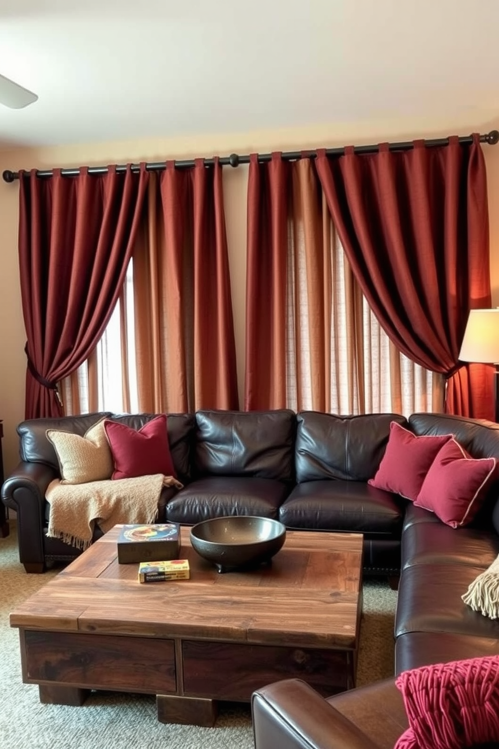 Earthy toned curtains drape elegantly from a wooden rod, adding warmth and texture to the cozy game room. The walls are painted in a soft beige, complementing the rich hues of the curtains and creating a welcoming atmosphere. A large sectional sofa in deep brown leather invites relaxation, surrounded by plush throw pillows in warm colors. A rustic coffee table made of reclaimed wood sits at the center, adorned with board games and a decorative bowl.