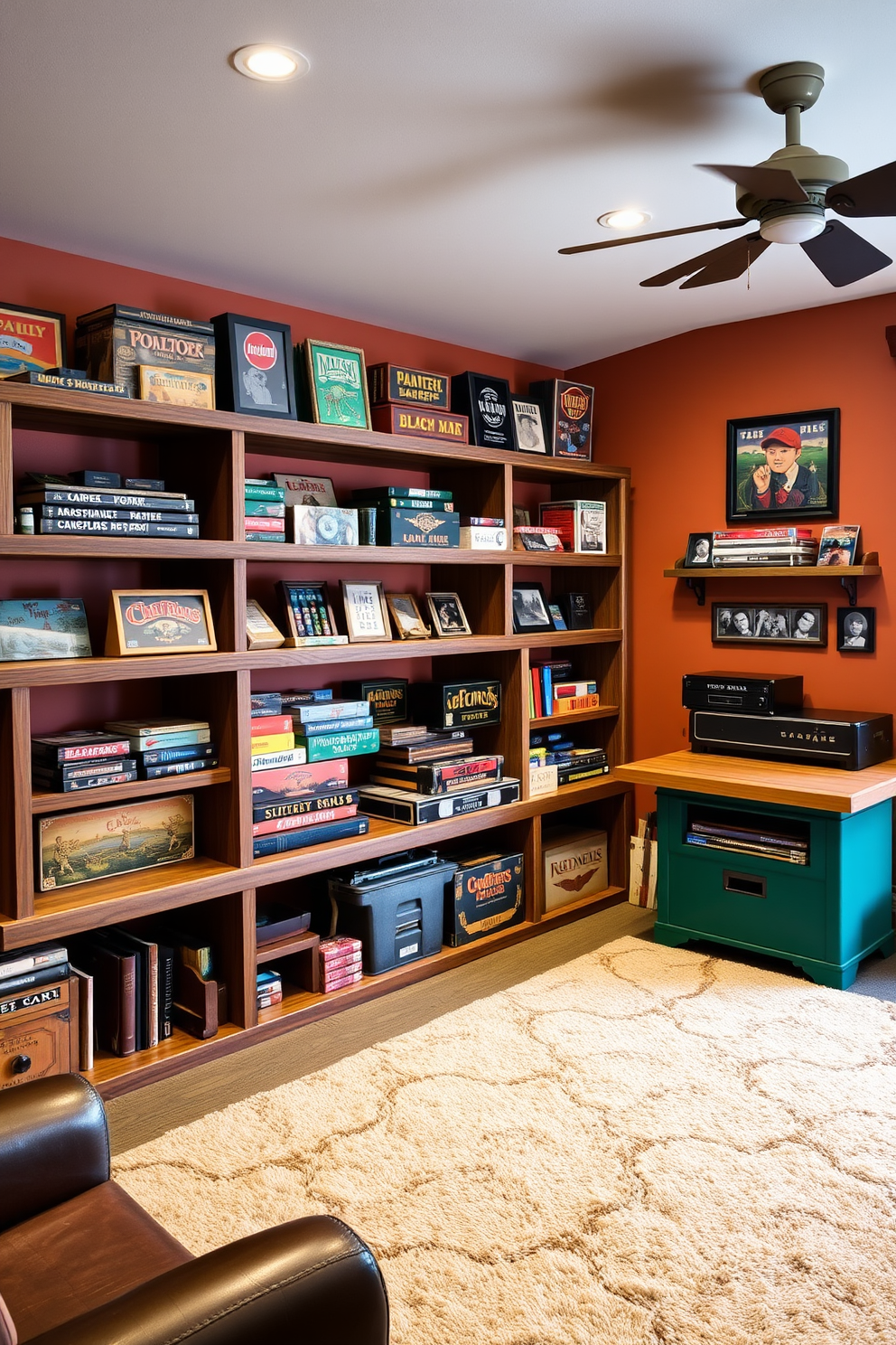 A cozy game room featuring rustic wooden shelves filled with board games and vintage game memorabilia. The walls are adorned with warm, earthy tones, and a plush area rug adds comfort underfoot.