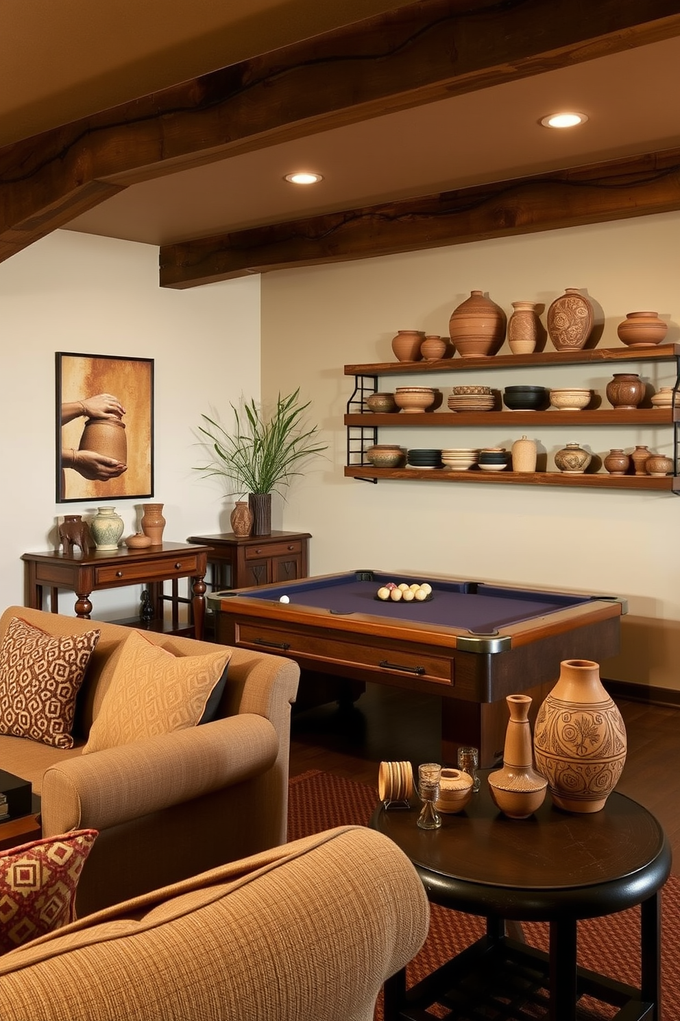 Artisan pottery pieces are strategically placed on shelves and tables, adding a touch of handmade elegance to the space. The warm earth tones of the pottery complement the cozy atmosphere of the game room, inviting relaxation and creativity. The game room features a rustic wooden pool table surrounded by comfortable seating in rich fabrics. Soft ambient lighting creates a welcoming environment, perfect for entertaining friends and family during the fall season.