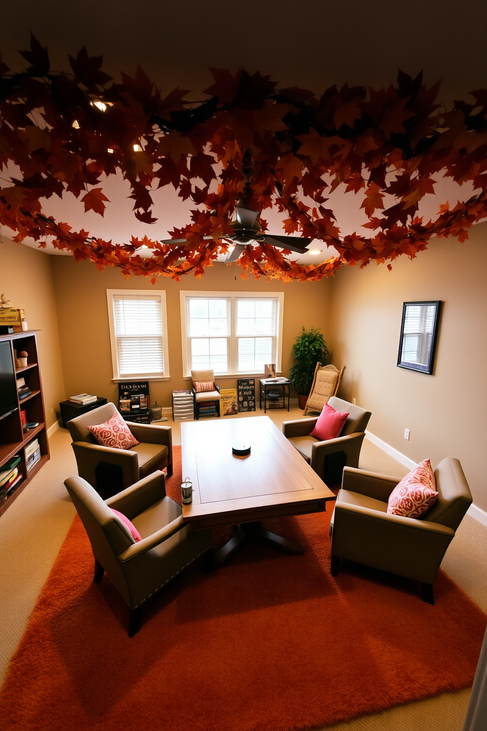 A cozy game room adorned with an autumn leaves garland draped across the ceiling. The walls are painted a warm beige, and the floor features a soft, plush rug in deep orange tones. In the center of the room, a large wooden table is surrounded by comfortable chairs, perfect for game nights. A collection of board games and colorful cushions adds a playful touch to the inviting atmosphere.